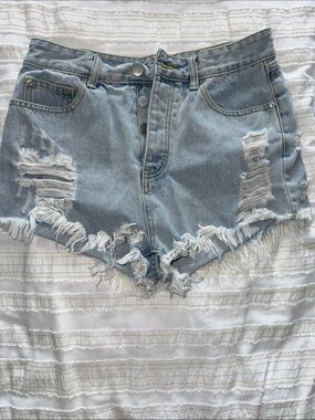 Light Blue Distressed Denim Shorts - Women's